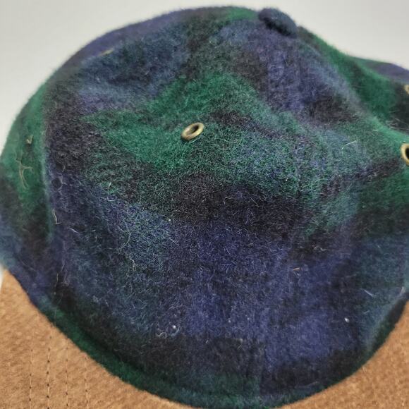 Lands' End Wool Blue Green Plaid Cap Tan Genuine Suede Bill Adjustable - Picture 2 of 7